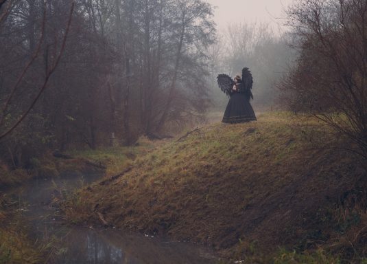 Frau in schwarzem Kleid mit Flügeln steht an einem nebligen Ufer.